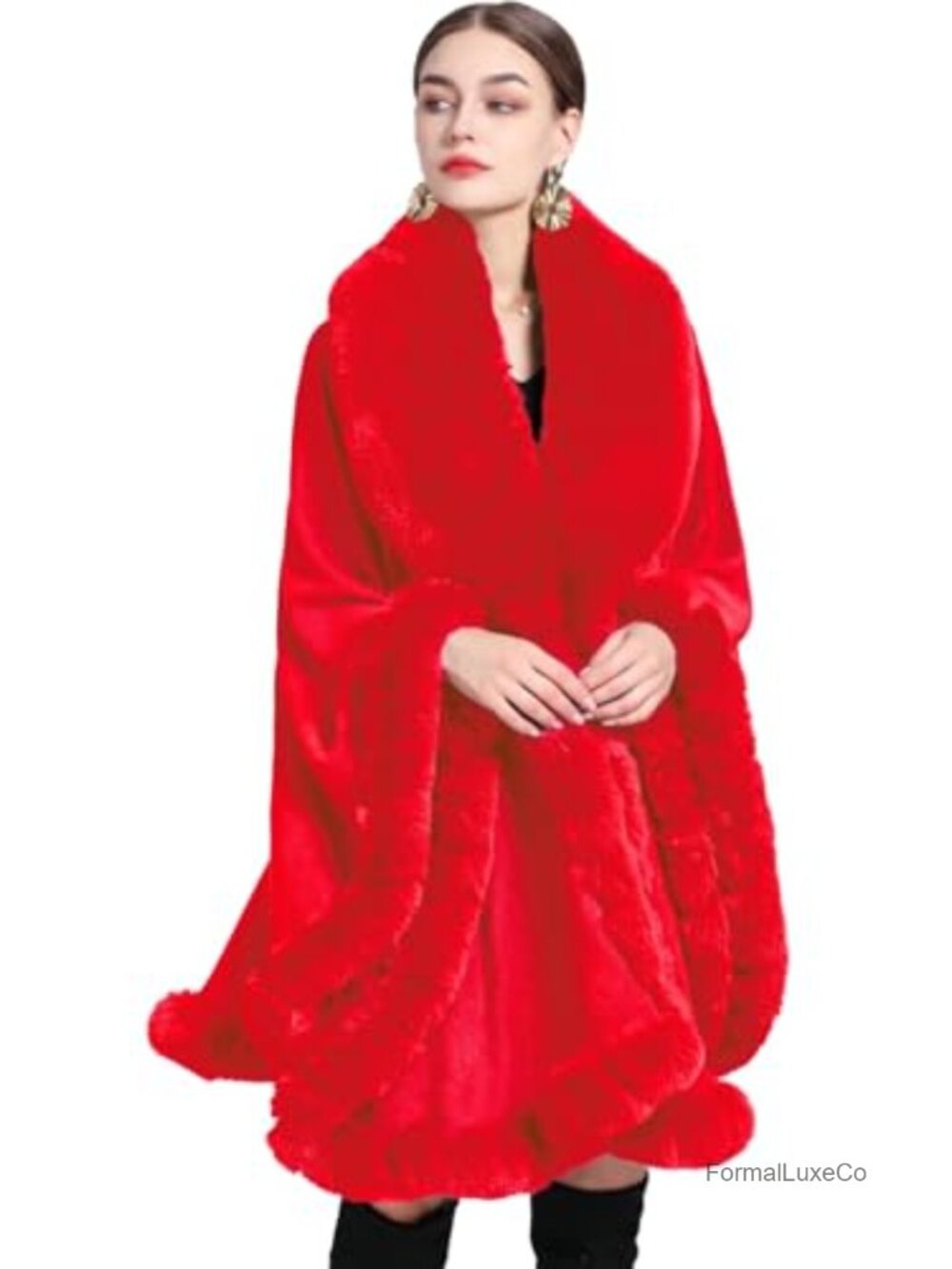 Faux Fur Shawl Wrap Poncho Cape Faux Fur Collar Evening Winter Knit